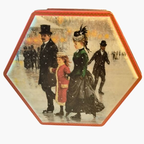Alan Maley Hexagonal Tin Box Victorian Ice Skating Scene In Harmony Vintage 1996 - Picture 1 of 7